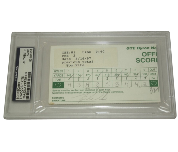 Tiger Woods and Tom Kite Slabbed Scorecard from Byron Nelson Tournament - Tiger Win PSA #83405531