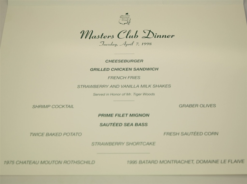 1998 Masters Champions Dinner Menu as Chosen by Tiger Woods