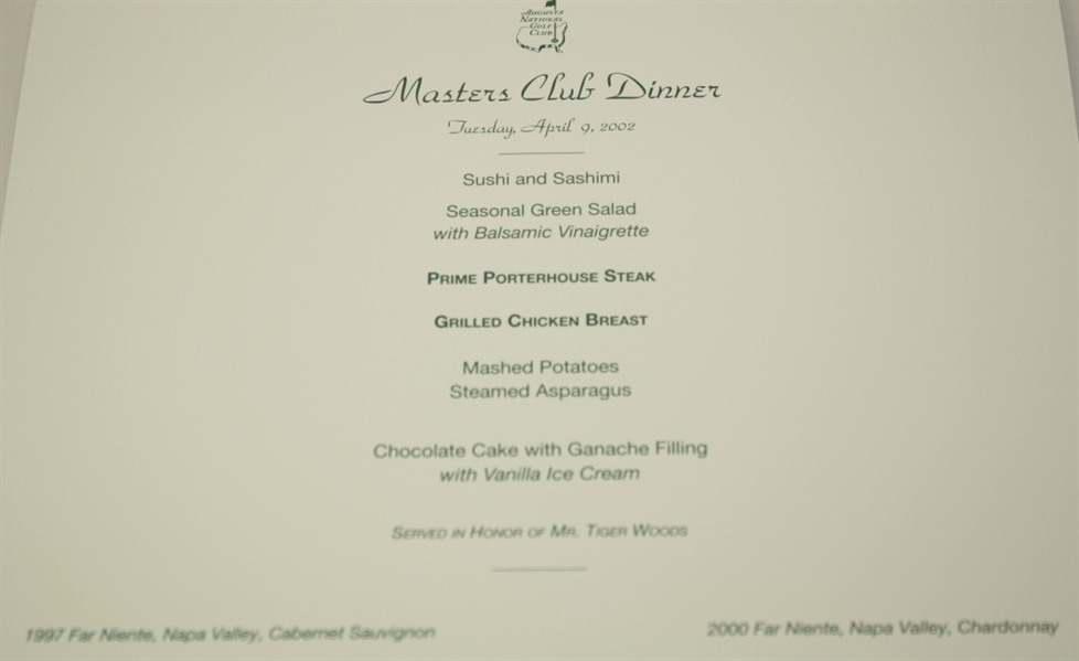 2002 Masters Champions Dinner Menu as Chosen by Tiger Woods