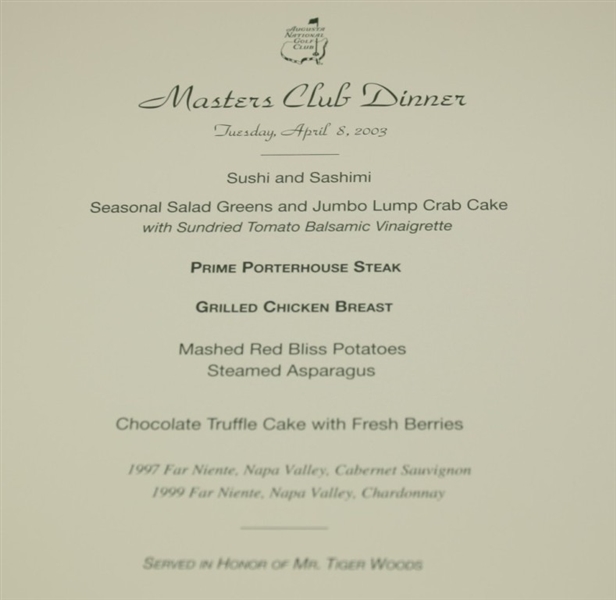 2003 Masters Champions Dinner Menu as Chosen by Tiger Woods