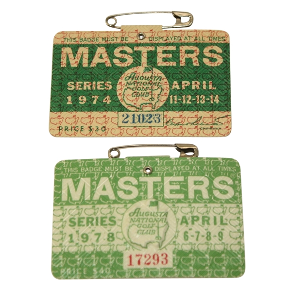 Lot of Two Masters Tournament Badges - 1974 and 1978