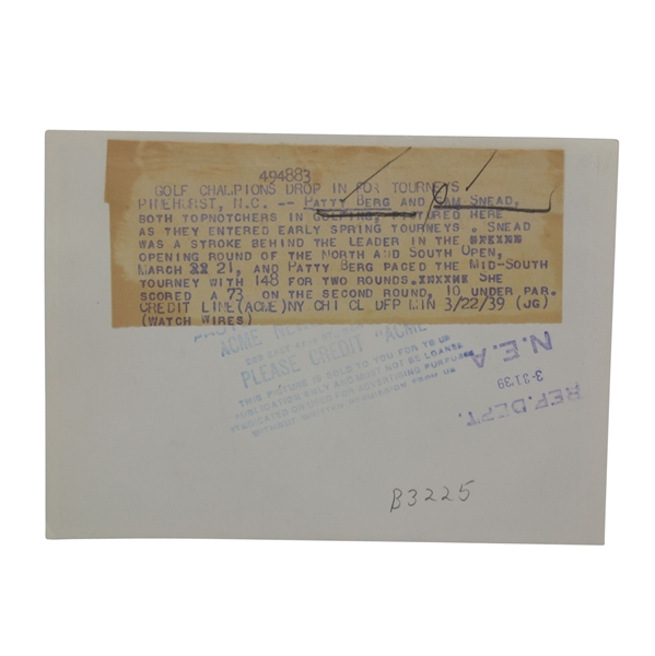 Sam Snead and Patty Berg Signed 3x5 Cards w/1939 Vintage Pinehurst Wire Photo JSA COA 