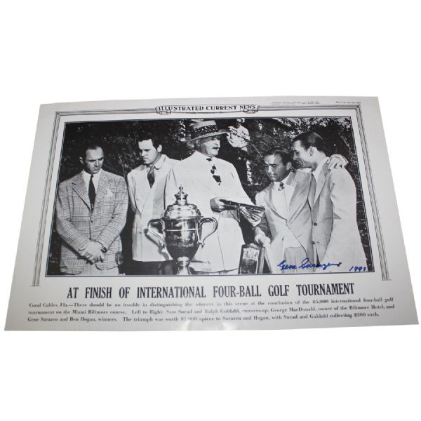 Gene Sarazen Signed 1941 Newspaper Replica JSA COA