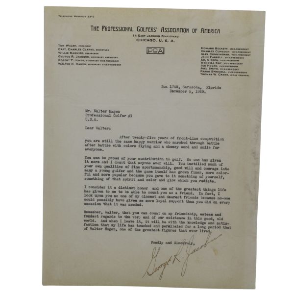 George R. Jacobus Letter to Walter Hagen-On 25th Anniversary of Haig's First Major