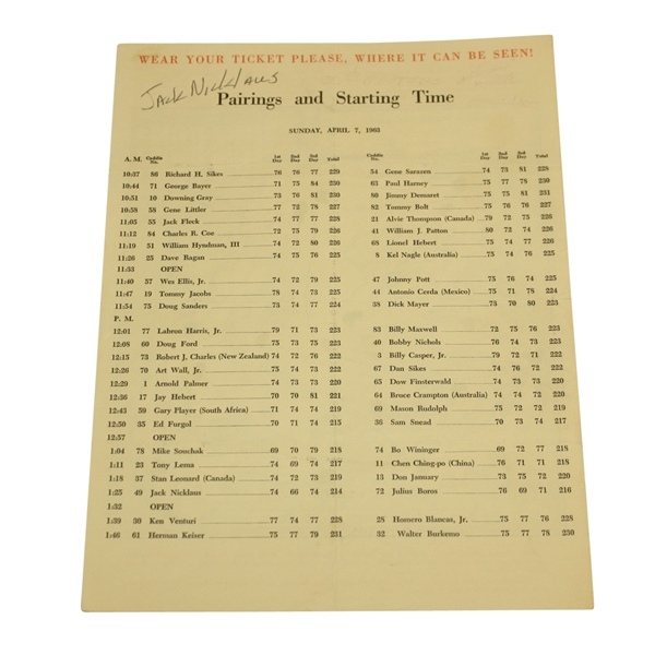 1963 Masters SUNDAY Pairing Sheet -Jack Nicklaus First Masters Victory