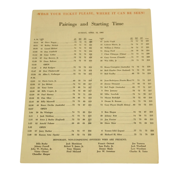 1964 Masters SUNDAY Pairing Sheet - Arnold Palmer's Record Setting 4th Win