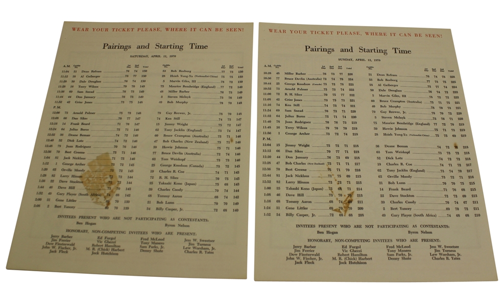 Lot of Two 1970 Masters Sunday Pairing Sheets - Billy Casper Victory