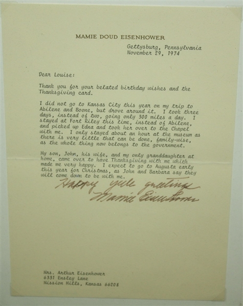 Mamie Eisenhower Signed Letter to Louise - Mamies Cabin - Framed JSA COA