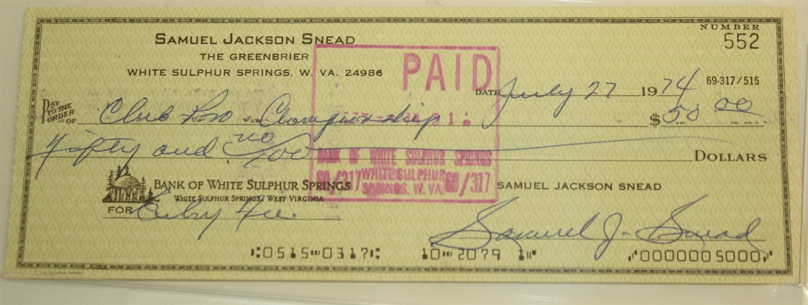Lot of Two Sam Snead Signed Checks - PSA Encapsulated #83511546 and #83511613