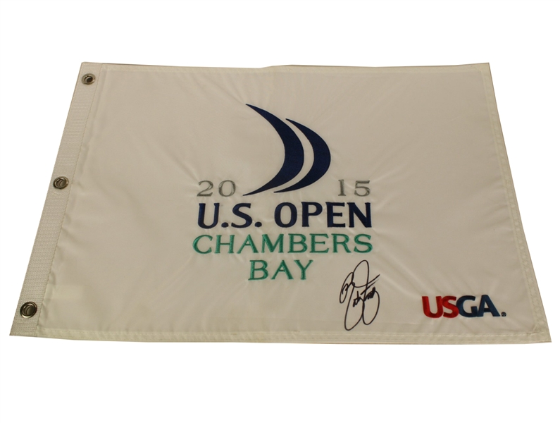 Rickie Fowler Signed 2015 US Open Embroidered White Flag - Chambers Bay JSA COA