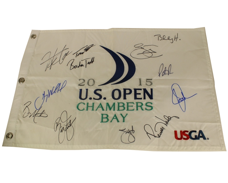 Multi-Signed 2015 US Open Embroidered White Flag - Chambers Bay - 12 Stars JSA COA