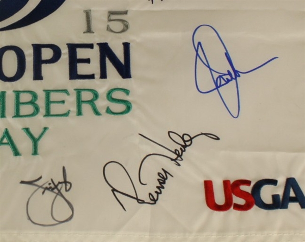 Multi-Signed 2015 US Open Embroidered White Flag - Chambers Bay - 12 Stars JSA COA