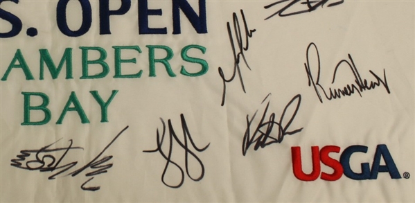 Multi-Signed 2015 US Open Chambers Bay White Embroidered Flag SPIETH, DJ, DAY! - 26 Stars JSA COA