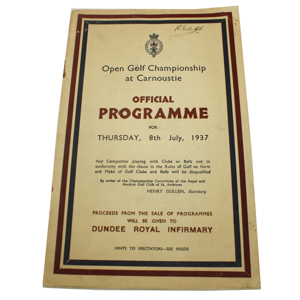 1937 British Open Program - Carnoustie - Henry Cotton Winner