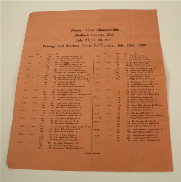 1939 Western Open Program with Pairing Sheet and Scorecard -Byron  Nelson Win 