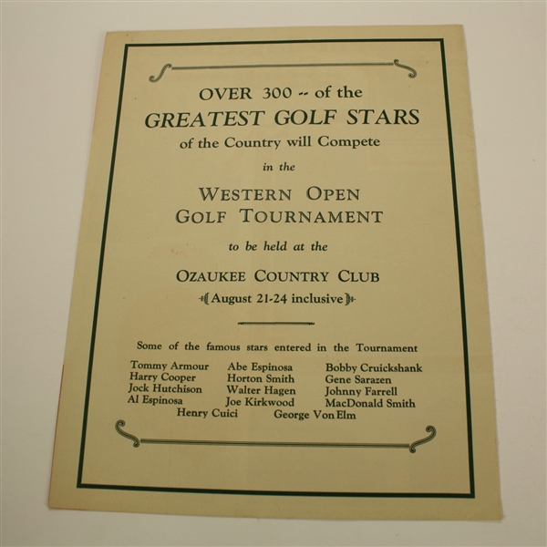 1929 Western Open Tournament Advertising Poster-Ozaukee C.C. Milwaukee, WI