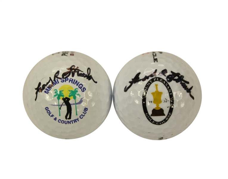 Lot of Two Course Logo Balls Signed by Frank Stranahan from His PGA (Miami & Eastern Open) Wins 