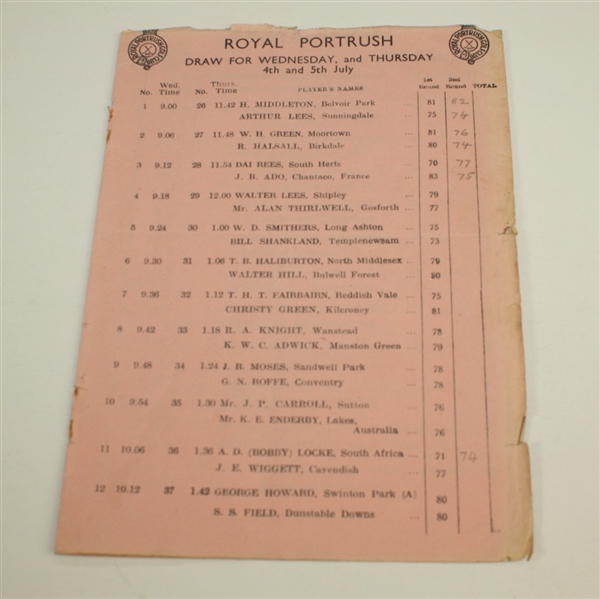 1951 Open Championship Wed-Thurs Program - Royal Portrush plus Pairing Sheet - Missing Piece