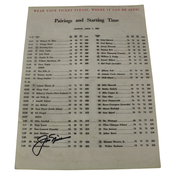Jack Nicklaus Signed 1963 Masters Sunday Pairing Sheet - 1st Victory JSA COA
