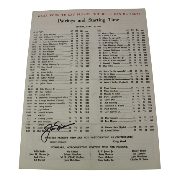 Jack Nicklaus Signed 1966 Masters Sunday Pairing Sheet - 3rd Victory JSA COA