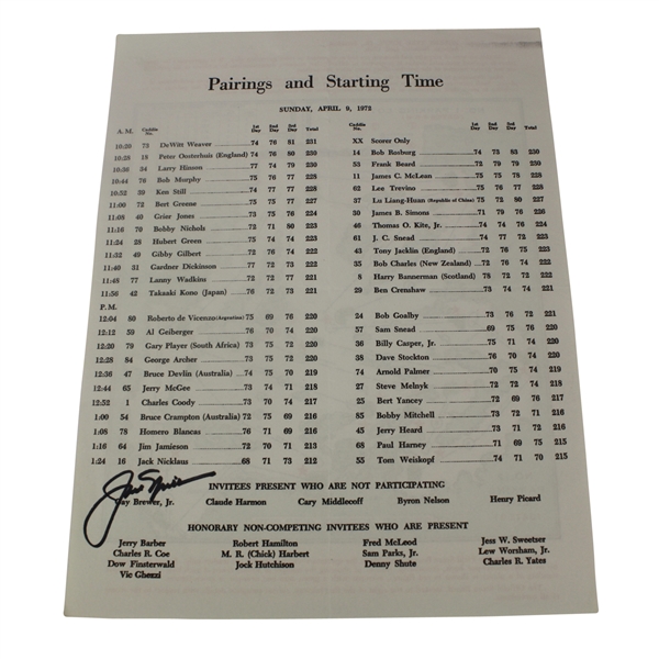 Jack Nicklaus Signed 1972 Masters Sunday Pairing Sheet - 4th Victory JSA COA