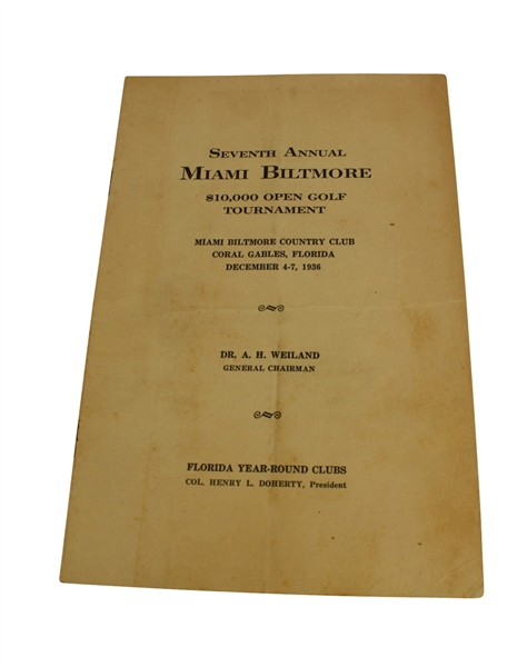 1936 7th Annual Miami Biltmore $10,000 Open Golf Tournament Program - Ralph Guldahl Winner