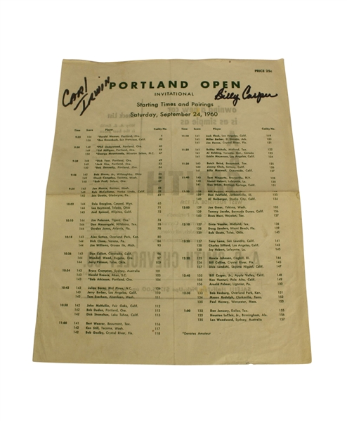 1960 Portland Open Invitational Pairing Sheet Signed by Billy Casper JSA COA