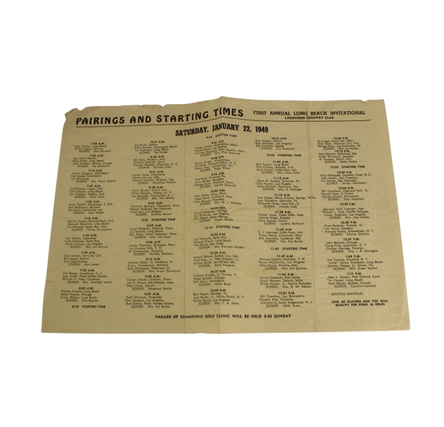 1949 First Annual Long Beach Invitational Saturday Pairing Sheet - Ben Hogan Winner