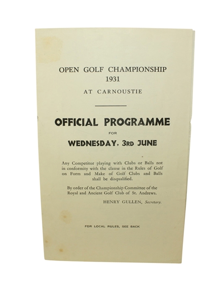 1931 Open Championship Official Program Insert Page- First At Carnoustie - Tommy Armour Winner