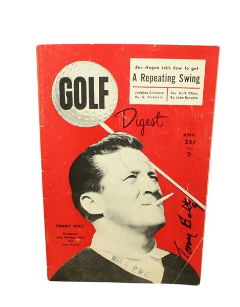 1956 Golf Digest April Issue Signed by Tommy Bolt- Also Ben Hogan On Repeating Swing