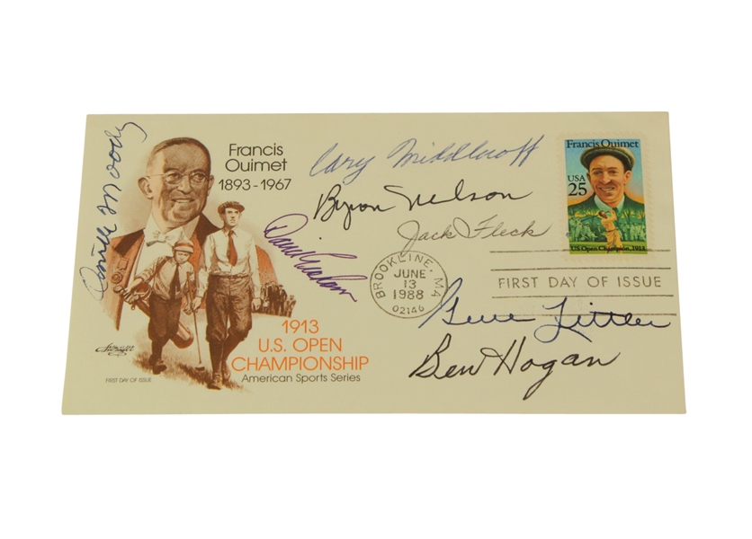 1988  Ouimet First Day Cachet Signed by 7 U.S. Open Champs-Hogan, Middlecoff, Nelson 