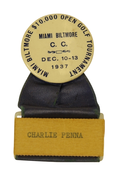 1937 Miami Biltmore $10k Open Golf Tournament Contestant Badge with Ribbon - Charlie Penna