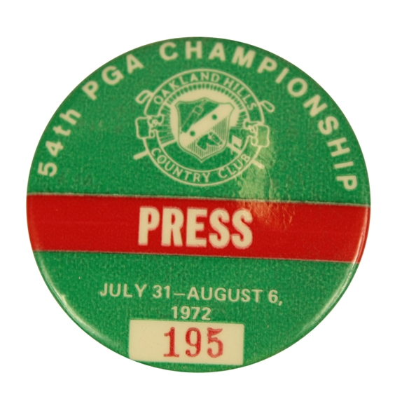 1972 PGA Championship Press Pin at Oakland Hills CC - Gary Player Winner