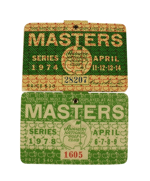 Lot of Two Masters Tournament Badges - 1974 and 1978 - Gary Player Winner