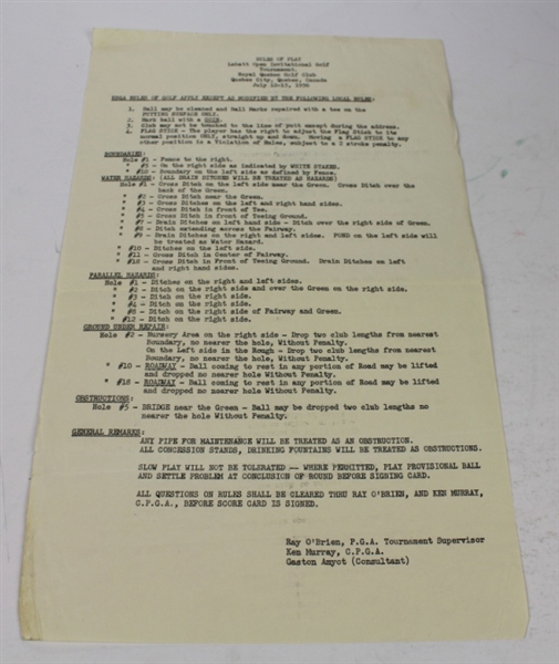 1956 Labatt Open Pairing Sheets, Starting Times, and Rules