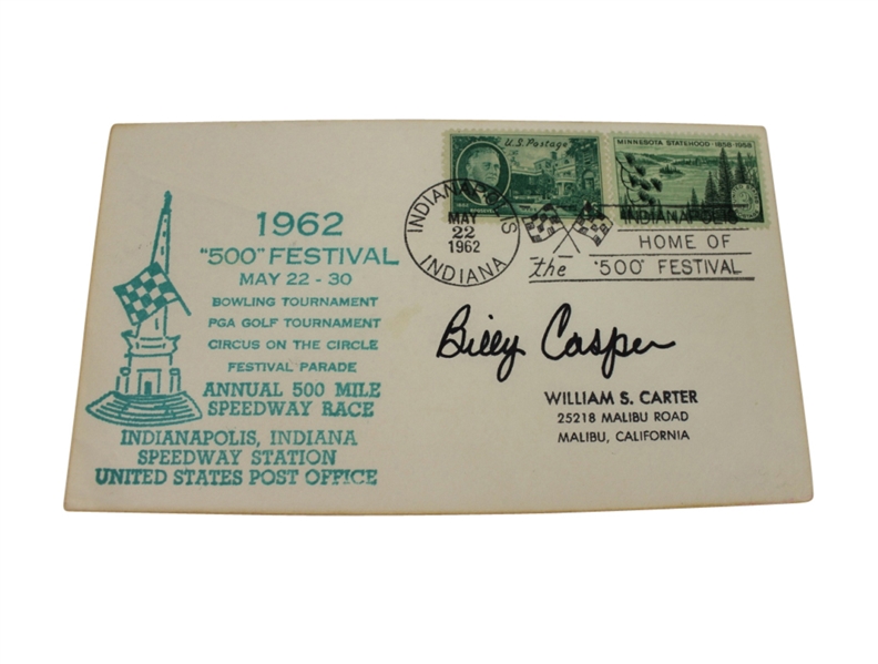 1962 '500' Festival Speedway Post Office Envelope Signed by Billy Casper JSA COA