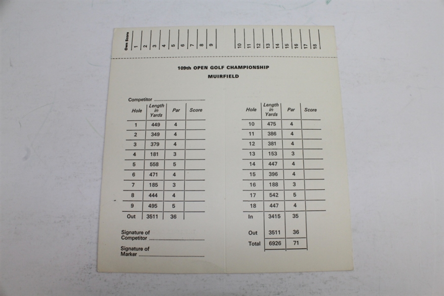 1980 Official Open Golf Championship at Muirfield Scorecard