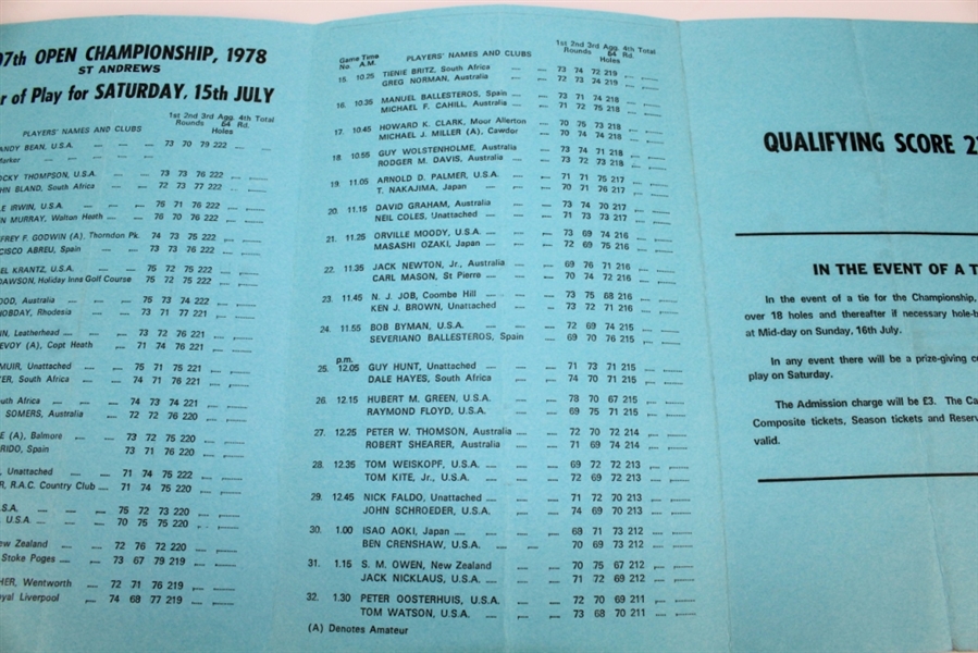 1975 Open Golf Championship at St. Andrews Saturday Pairing Sheet and Startin Times