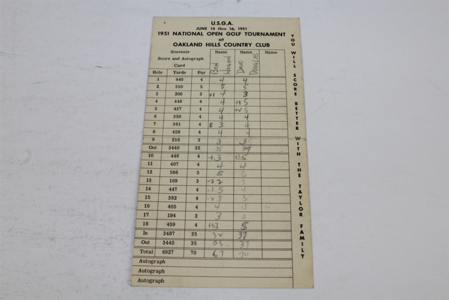 1951 National Open Golf Tournament at Oakland Hills Scorecard - Hogan Win @ The Monster
