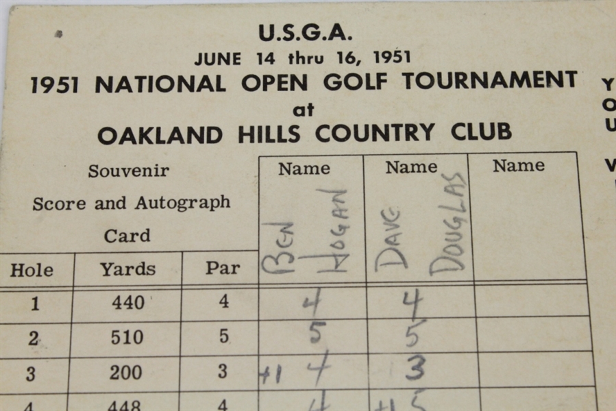 1951 National Open Golf Tournament at Oakland Hills Scorecard - Hogan Win @ The Monster