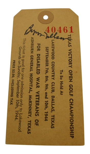 1944 Texas Victory Open Ticket Signed by Byron Nelson JSA COA