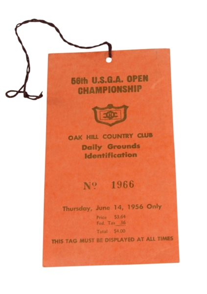 1956 US Open at Oak Hill CC Thursday Ticket - Cary Middlecoff Winner