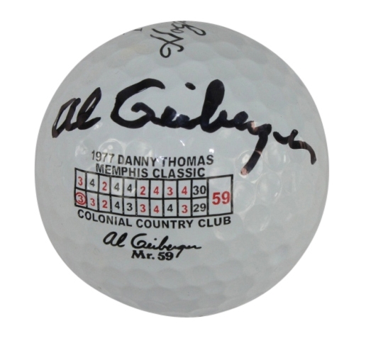 Al Geiberger Signed Memphis Classic Scorecard Logo Golf Ball Site of '59-W/Inscription