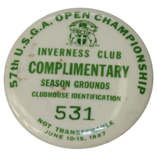 1957 US Open at Inverness Complimentary Season Grounds Badge #531