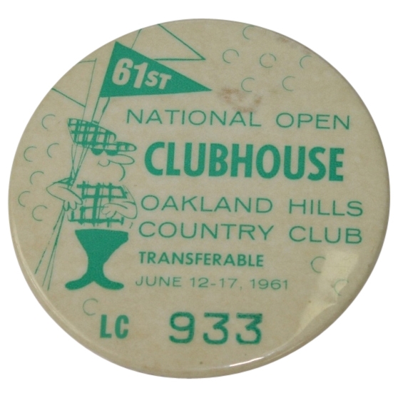 1961 US National Open at Oakland Hills CC Clubhouse Badge #933