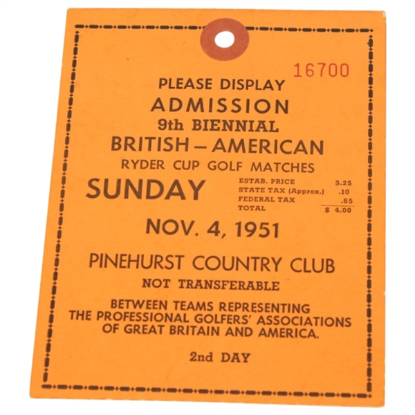 1951 Ryder Cup Sunday Ticket - Pinehurst Country Club