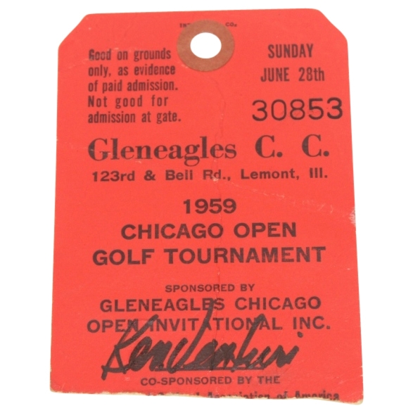 1959 Chicago Open Ticket Gleneagles C.C. Signed by Winner Ken Venturi JSA COA