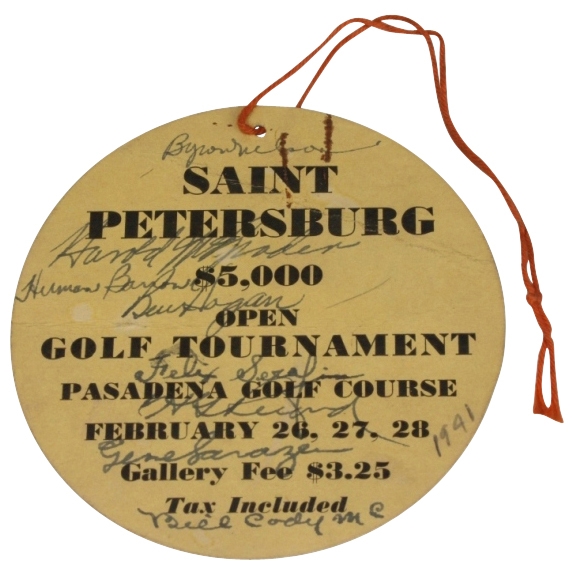 1941 St. Petersburg Open Ticket Multi-Signed - Horton, Guldahl, Demaret, Picard, Hogan, and more JSA COA