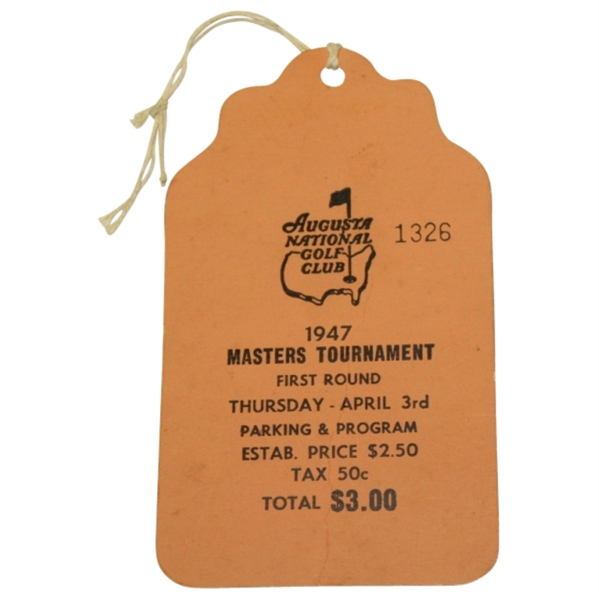 1947 Masters Thursday Ticket #1326 - Jimmy Demaret Win-A Nice One Only A Small Crease!