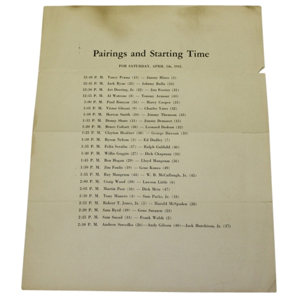 1941 Masters Saturday Pairing Sheet - Craig Wood Winner
